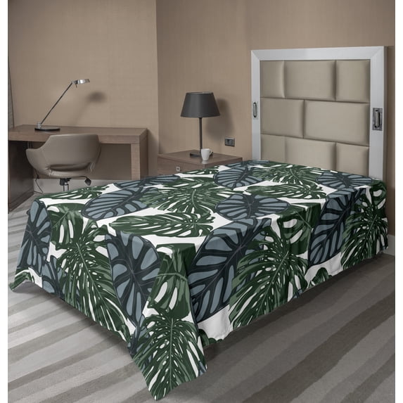 Leaves Flat Sheet, Exotic Monstera Philodendron and Alocasia Leaf Foliage on Plain Backdrop, Soft Comfortable Top Sheet Decorative Bedding 1 Piece, 6 Sizes, White and Multicolor, by Ambesonne