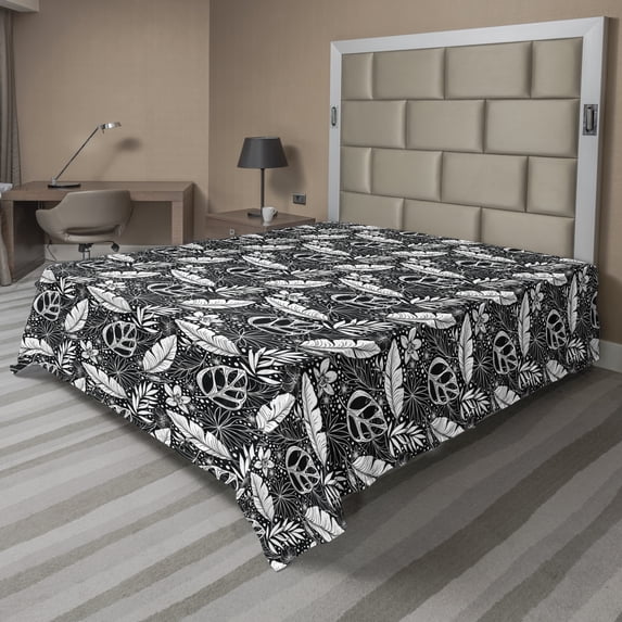Leaves Flat Sheet, Monochrome Style Blossoming Flowers and Dots Tropical Summer Foliage, Soft Comfortable Top Sheet Decorative Bedding 1 Piece, 6 Sizes, Black White, by Ambesonne