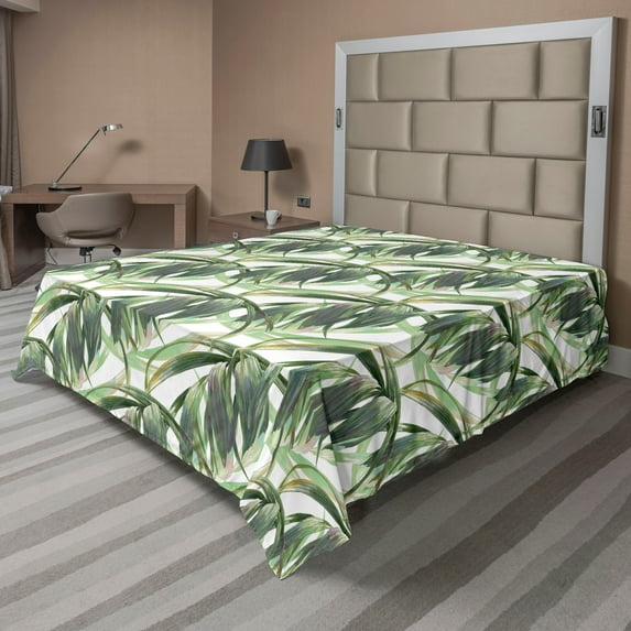 Ambesonne Leaves Flat Bedding Sheet Soft Top Sheet, Tropical Exotic Leaf Modern, Queen, Peacock Green and Ecru