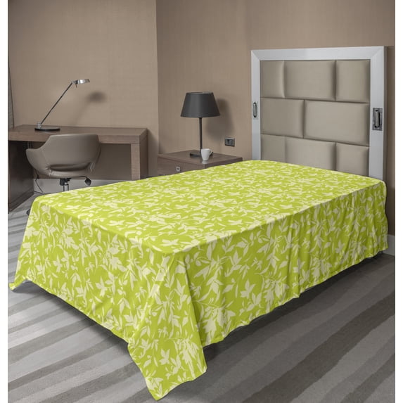 Leaves Flat Sheet, Vibrant Illustration of Summer Leaves Scattered on Vivid Tone Backdrop, Soft Comfortable Top Sheet Decorative Bedding 1 Piece, 6 Sizes, Apple Green Pale Yellow, by Ambesonne