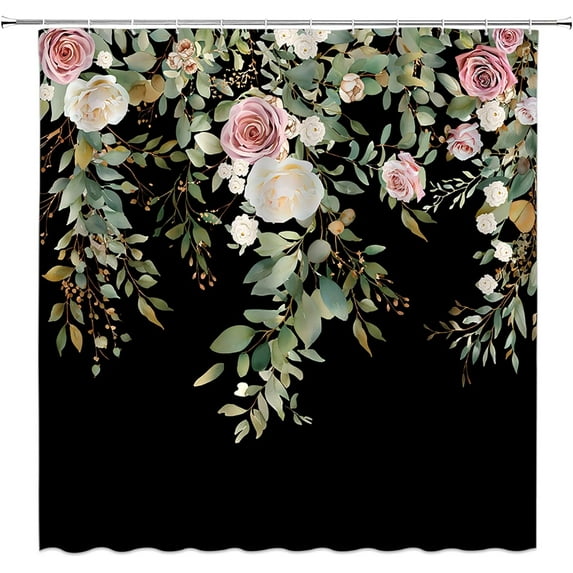 Leaves Floral Shower Curtain Green Leaves Pink Flower Boho Botanical Tropical Leaf Bohemia Plant Nature Black Bathroom Home Curtain with Hooks,70" Wx70 H