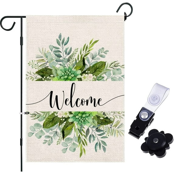 Leaves Floral Welcome Garden Flag 12×18 Double Sided, Burlap Small Vertical Yard Flag, Spring Summer Seasonal Outdoor Decor for Garden Yard Farmhouse