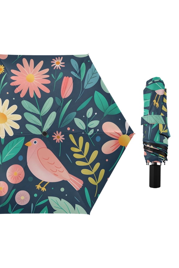 Leaves Florals Grass Birds All Weather Umbrella Triple Folding Parasol 6 Ribs UV Protection Portable
