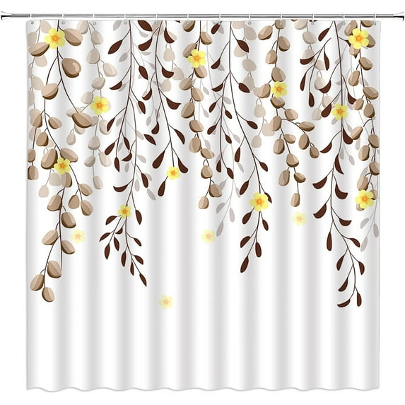 Leaves Flower Shower Curtain Brown Leaf Yellow Floral Watercolor Plant Nature Spring Fabric Bathroom Decor Set with Hooks(84" Wx70 H)