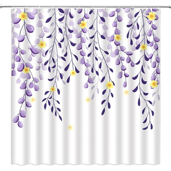 Leaves Flower Shower Curtain Purple Leaf Yellow Floral Watercolor Plant Nature Spring Fabric Bathroom Decor Set with Hooks（84" Wx70 H）