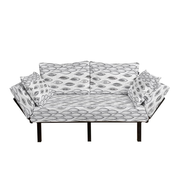 Leaves Futon Couch, Greyscale Composition of Foliage Pattern Striped Background Abstract Design, Daybed with Metal Frame Upholstered Sofa for Living Dorm, Loveseat, Grey and Pale Grey, by Ambesonne