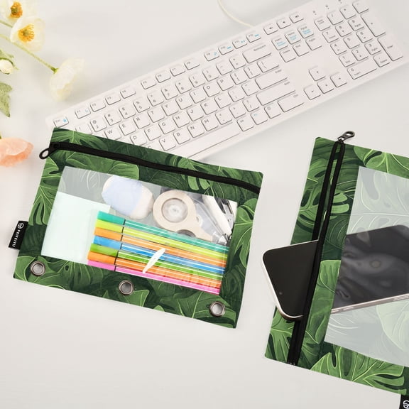 Leaves Green 2 Pack Pencil Pouches Zipper Pencil Case 3 Ring Pencil Pouch Cosmetic Bag