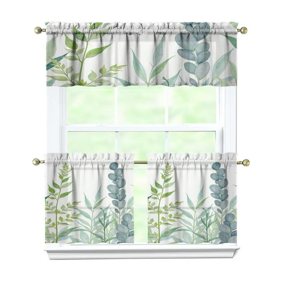 Leaves Of Green Plants 3-Piece Kitchen Curtains Set Kitchen Curtains Sets with Valance for Windows Rod Pocket Machine Washable Kitchen Decor(54"x18"+2x27.5"x24")