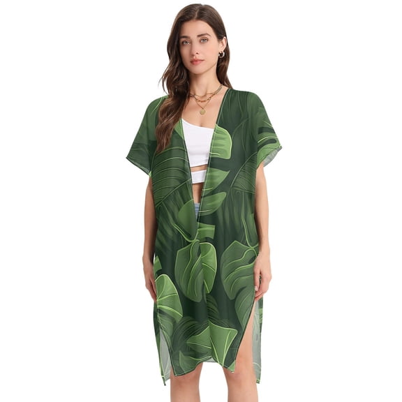 Leaves Green Women Swimsuit Cover up V Neck Beach Dress Short Sleeve Vacation Outfits Swimwear