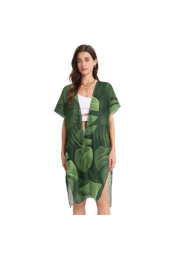 Leaves Green Women Swimsuit Cover up V Neck Beach Dress Short Sleeve Vacation Outfits Swimwear