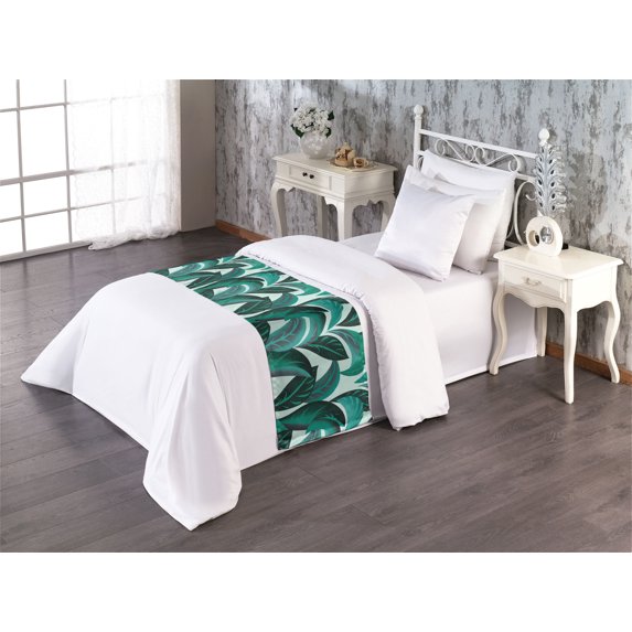 Leaves Greenery Bed Runner, Boho Botanical Tropical Jungle Bohemian Leaf Print Exotic Forest, Decorative Accent Bedding Scarf for Hotels Homes & Guest Rooms, Twin, Emerald Teal Eggplant, by Ambesonne