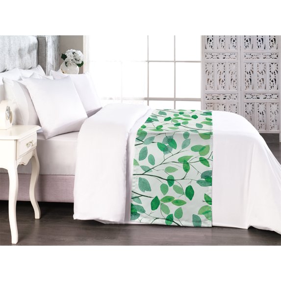 Leaves Greenery Bed Runner, Simple Design Modern Nature Watercolor Branches Print, Decorative Accent Bedding Scarf for Hotels Homes & Guest Rooms, Queen, White Sea Green and Seafoam, by Ambesonne