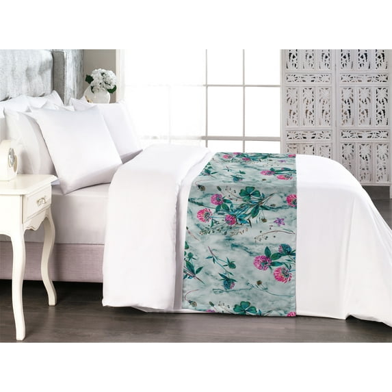 Leaves Greenery Bed Runner, Tropical Inspirations Peony Flowers Pattern with Petals Bohemian, Decorative Accent Bedding Scarf for Hotels Homes & Guest Rooms, King, Jade Green Hot Pink, by Ambesonne