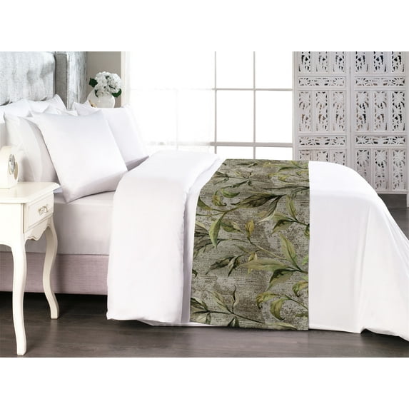 Leaves Greenery Bed Runner, Tropical Leaf Pattern with Neutral Colors Boho on Grunge Rustic Back, Decorative Accent Bedding Scarf for Hotels Homes & Guest Rooms, Queen, Olive Green Taupe, by Ambesonne