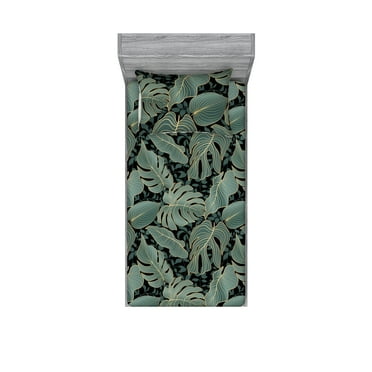 Leaves Greenery Fitted Sheet & Pillow Sham Set, Exotics Boho Feel Monstera Leaf Pattern with Golden Tone Stripes, Decorative Printed 2 Piece Bedding Decor, Twin, Peacock Green Mustard, by Ambesonne