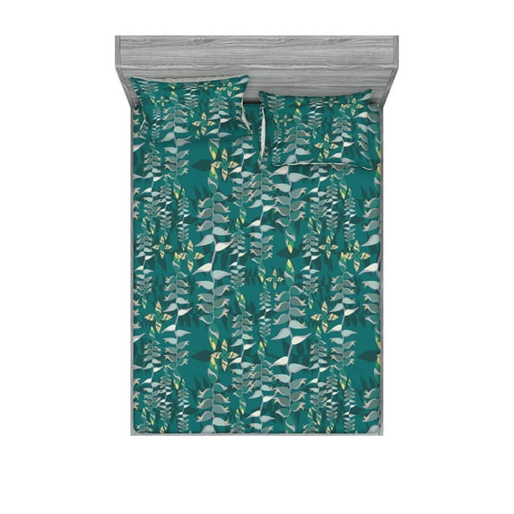 Leaves Greenery Fitted Sheet & Pillow Sham Set, Fantasy Themed Leafy Artwork with Jungle Boho Colors Print, Decorative Printed 3 Piece Bedding Decor, Queen, Teal Cadet Blue and Mustard, by Ambesonne