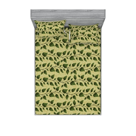 Leaves Greenery Fitted Sheet & Pillow Sham Set, Horizontal Pattern of Autumnal Vibes Leafy Branches Print, Decorative Printed 3 Piece Bedding Decor, Full, Avocado Green and Fern Green, by Ambesonne