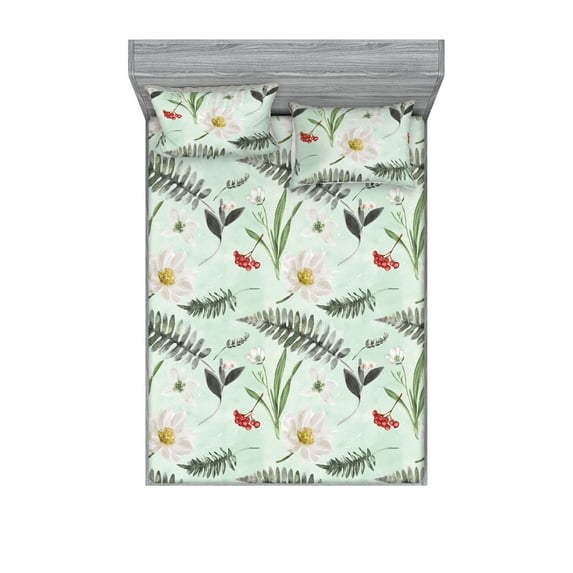 Leaves Greenery Fitted Sheet & Pillow Sham Set, Meadow Inspiration Watercolor Leafy Pattern with Flowers Art, Decorative Printed 3 Piece Bedding Decor, King, Almond Green Laurel Green, by Ambesonne