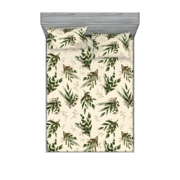 Leaves Greenery Fitted Sheet & Pillow Sham Set, Realistic Look Leaf Pattern With Minimalist Branch Jungle Boho, Decorative Printed 3 Piece Bedding Decor, Full, Eggshell Hunter Green, by Ambesonne