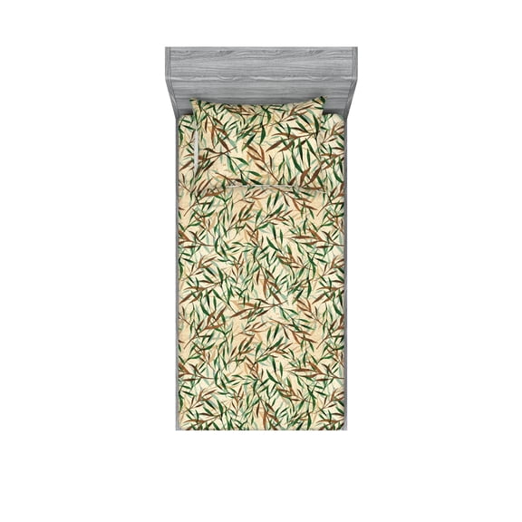 Leaves Greenery Fitted Sheet & Pillow Sham Set, Tropical Inspirations Delicate Leaf Pattern Autumn Vibes Print, Decorative Printed 2 Piece Bedding Decor, Twin, Forest Green Cinnamon, by Ambesonne