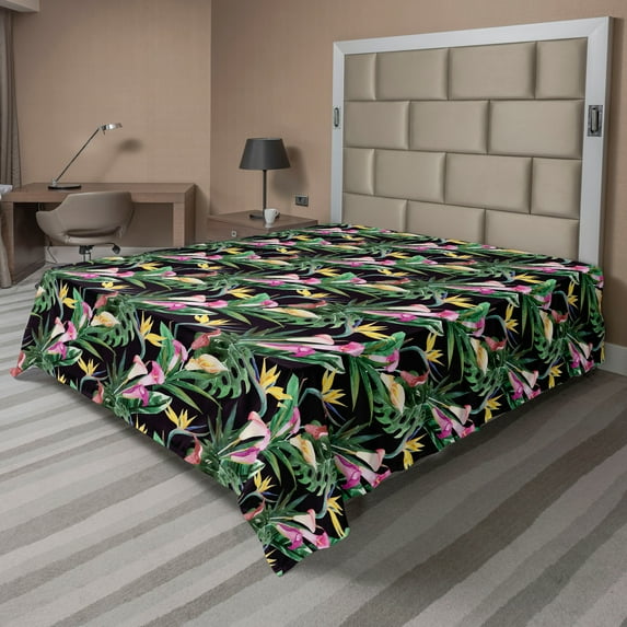 Ambesonne Leaves Greenery Flat Bedding Sheet Soft Top Sheet, Dreamy Tropical Art, Full, Jade Green Charcoal Grey