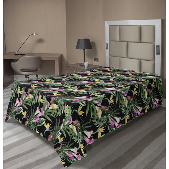 Leaves Greenery Flat Sheet, Dreamy Jungle Boho with Tropical Flower and Leaf Pattern Art, Soft Comfortable Top Sheet Decorative Bedding 1 Piece, Twin Size, Jade Green Charcoal Grey, by Ambesonne