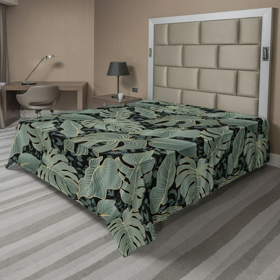 Leaves Greenery Flat Sheet, Exotics Boho Feel Monstera Leaf Pattern with Golden Tone Stripes, Soft Comfortable Top Sheet Decorative Bedding 1 Piece, Full Size, Peacock Green Mustard, by Ambesonne