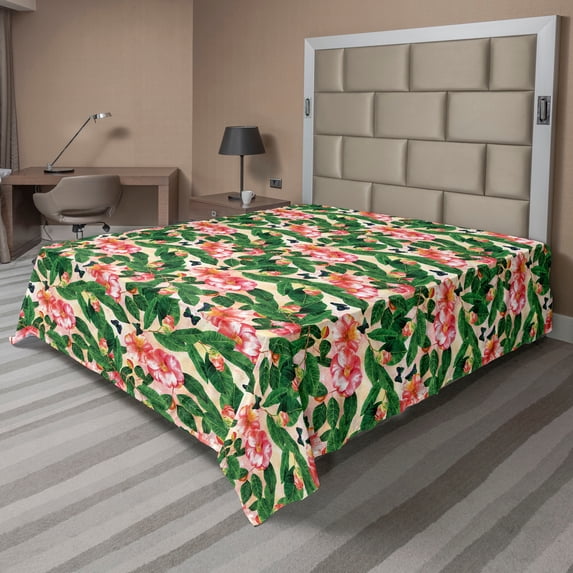Leaves Greenery Flat Sheet, Garden Scene Flowers Boho with Leaf Pattern Cottagecore Print, Soft Comfortable Top Sheet Decorative Bedding 1 Piece, Full Size, Lime Green Dark Coral, by Ambesonne