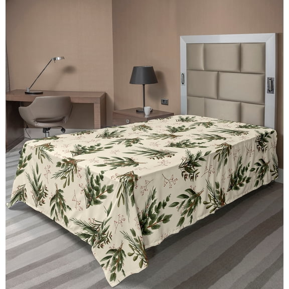 Leaves Greenery Flat Sheet, Realistic Look Leaf Pattern With Minimalist Branch Jungle Boho, Soft Comfortable Top Sheet Decorative Bedding 1 Piece, Twin Size, Eggshell Hunter Green, by Ambesonne