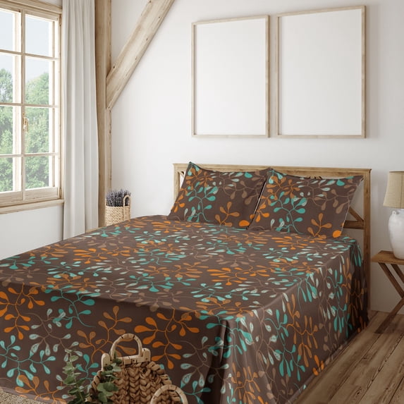 Ambesonne Leaves Greenery Fitted & Flat Sheet with Shams 4 Pcs Set, Abstract Branches, King, Dark Seafoam Maroon