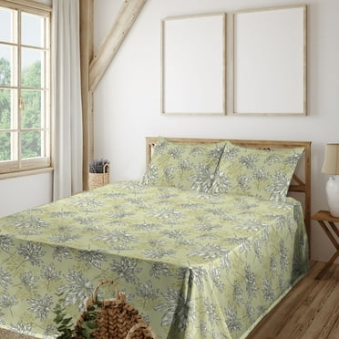 Leaves Greenery Sheet Set, Line Style Drawn Minimalist Leaf Pattern Nostalgic Effect Art, Fitted & Flat Sheet with Pillowcase Bedding Accent 4 Pcs Set, King, Pistachio Green White, by Ambesonne