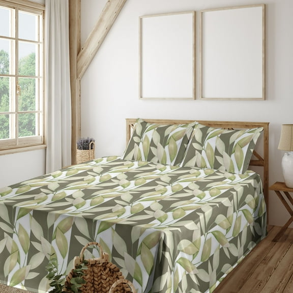 Ambesonne Leaves Greenery Fitted & Flat Sheet with Shams 4 Pcs Set, Modern Design Leaf, Calking, Pistachio Green White