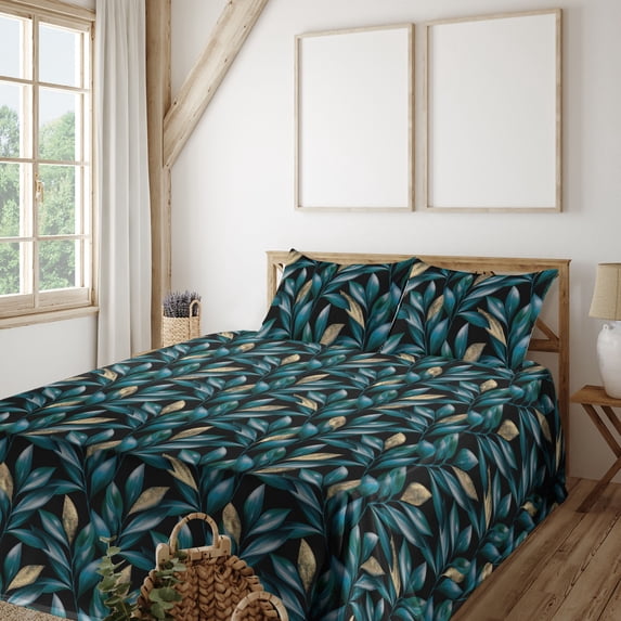 Ambesonne Leaves Greenery Fitted & Flat Sheet with Shams 4 Pcs Set, Leafy Night Jungle, Calking, Teal Cadet Blue Peach