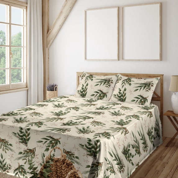 Ambesonne Leaves Greenery Fitted & Flat Sheet with Shams 4 Pcs Set, Minimalistic Jungle, Calking, Eggshell Hunter Green
