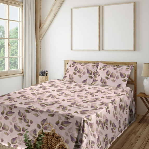 Ambesonne Leaves Greenery Fitted & Flat Sheet with Shams 4 Pcs Set, Retro Autumnal Leaf, Calking, Pale Pink Peacock Green