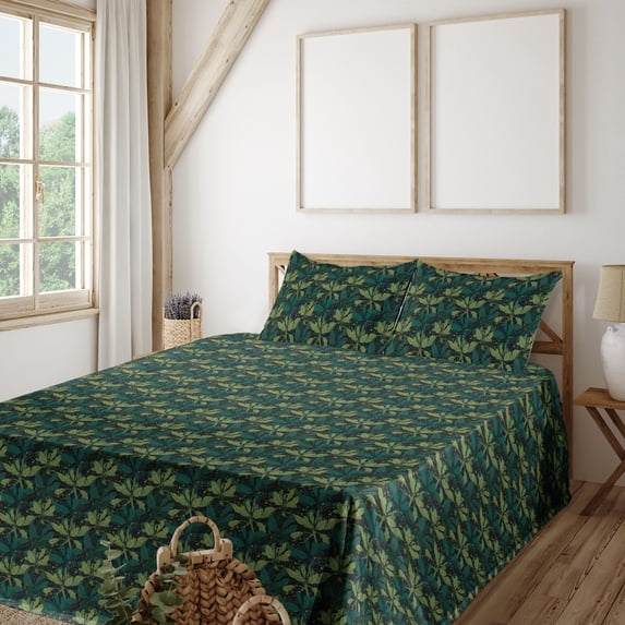 Ambesonne Leaves Greenery Fitted & Flat Sheet with Sham 3 Pcs Set, Tropical Atmosphere, Twin XL, Fern Green and Jade Green