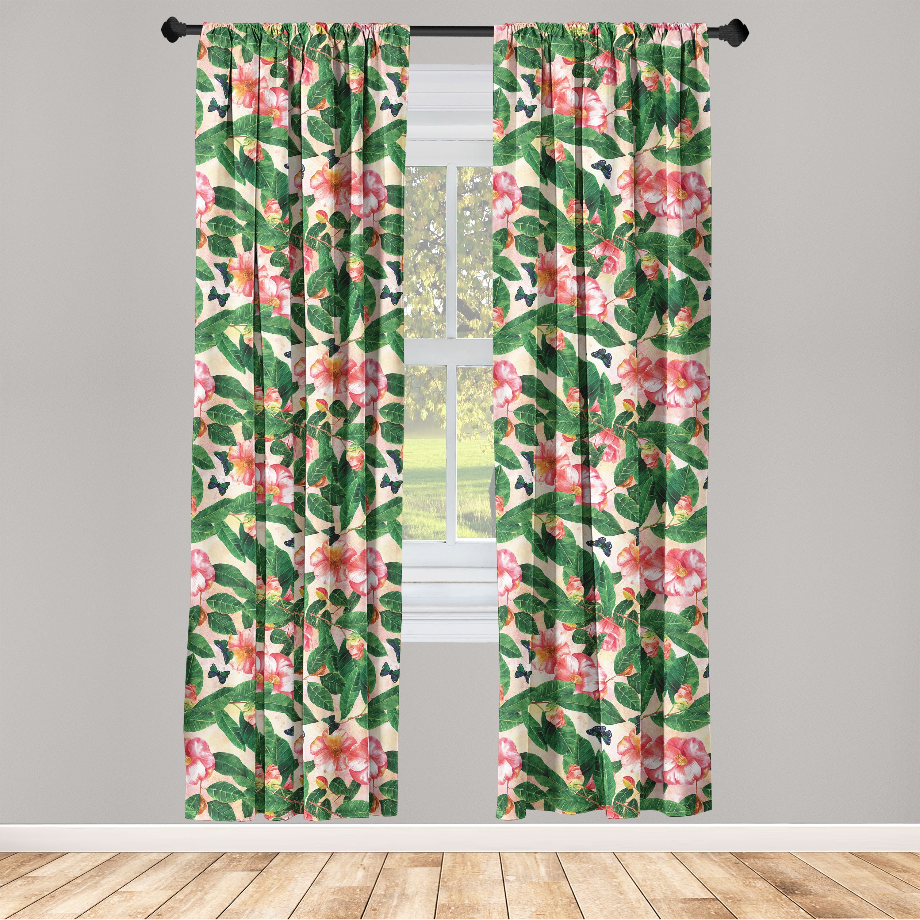 Leaves Greenery Window Curtains, Garden Scene Flowers Boho with Leaf