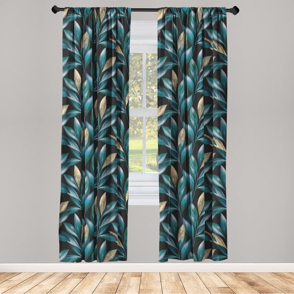 Leaves Greenery Window Curtains, Night Time Jungle Vibes Leafy Pattern with Golden Tone Ones Art, Lightweight Decor 2-Panel Set with Rod Pocket, Pair of - 28"x95", Teal Cadet Blue Peach, by Ambesonne