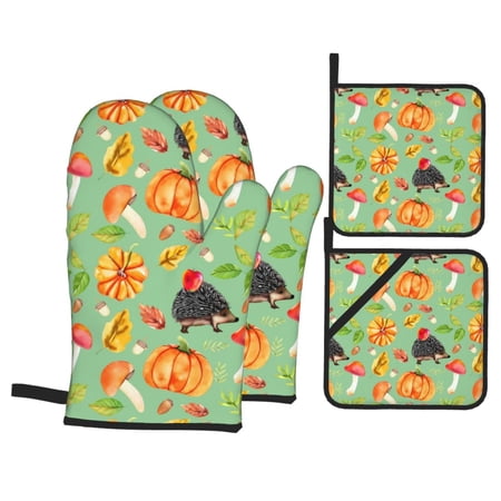 Leaves Hedgehog Autumn Design Oven Mitts And Pot Holders Sets Baking Sets For Kitchen Bbq Gloves Heat Resistant Cooking Nature Illustration 4 Pcs