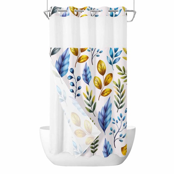 Leaves No Hooks Shower Curtain with Snap-in Liner Spring Blue Yellow Green Leaf Grey Background Shower Curtains for Bathroom, Waterproof, Easy Install, Washable 36"x78"