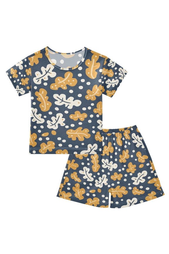 Leaves Icons Pattern Summer Pajama Set Soft Cotton Short Sleeve Sleepwear 2PCS Pajama Sets Breathable Lounge Set Size 5Y