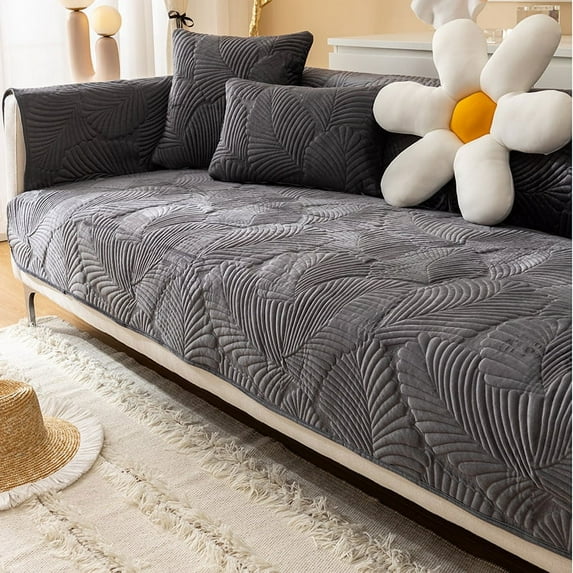 Leaves Jacquard Sofa Cover Nordic Thicken Plush Lounge Corner L Shape Sofa Towel Cover Non-Slip Couch Protector for Living Room (A5 dark grey,1pc 45x45 pillowcase)