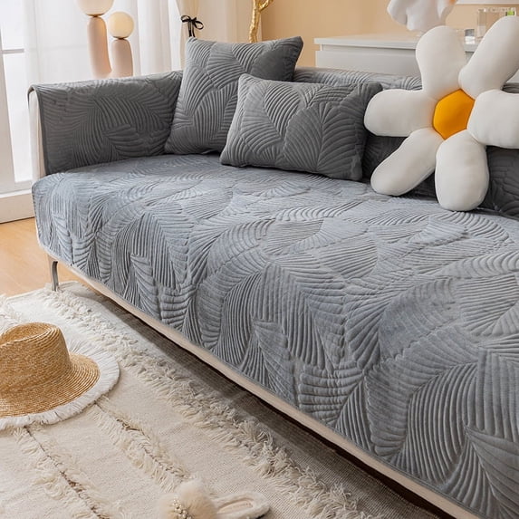 Leaves Jacquard Sofa Cover Nordic Thicken Plush Lounge Corner L Shape Sofa Towel Cover Non-Slip Couch Protector for Living Room (A7 light grey,70x150cm 1pc)