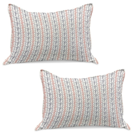 Leaves Knitted Quilt Pillowcover Set of 2, Vertical Branches with Leaves and Dotted Lines Hand Drawn Ornamental, Standard Queen Pillow Sham Bedroom, 30" x 20", Indigo Vermilion White, by Ambesonne