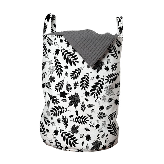 Leaves Laundry Bag, Autumn Season in the Woods Themed Monochrome Pattern Deciduous Trees Maple Oak, Hamper Basket with Handles Drawstring Closure for Laundromats, 13" x 19", Black White, by Ambesonne