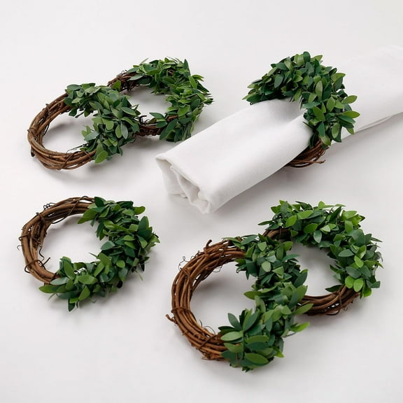 Leaves Napkin Rings Set of 6, Spring Wreath Farmhouse Napkin Rings Greenery Napkin Holders Rattan Serviette Buckles for Thanksgiving Christmas Wedding Holiday Parties Table Decoration