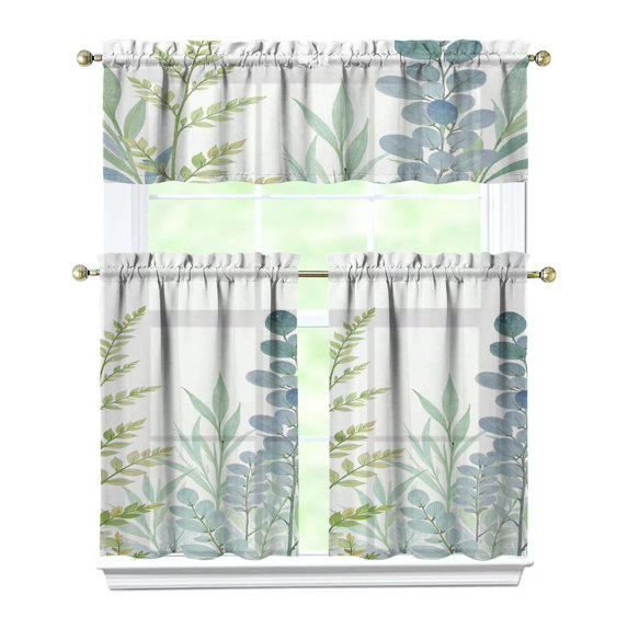 Leaves Of Green Plants Kitchen Curtain Valance 3 Piece Set Short Curtain Sink Window Decor 36 Inch Small Window Treatment Tier 27.5x36 Length