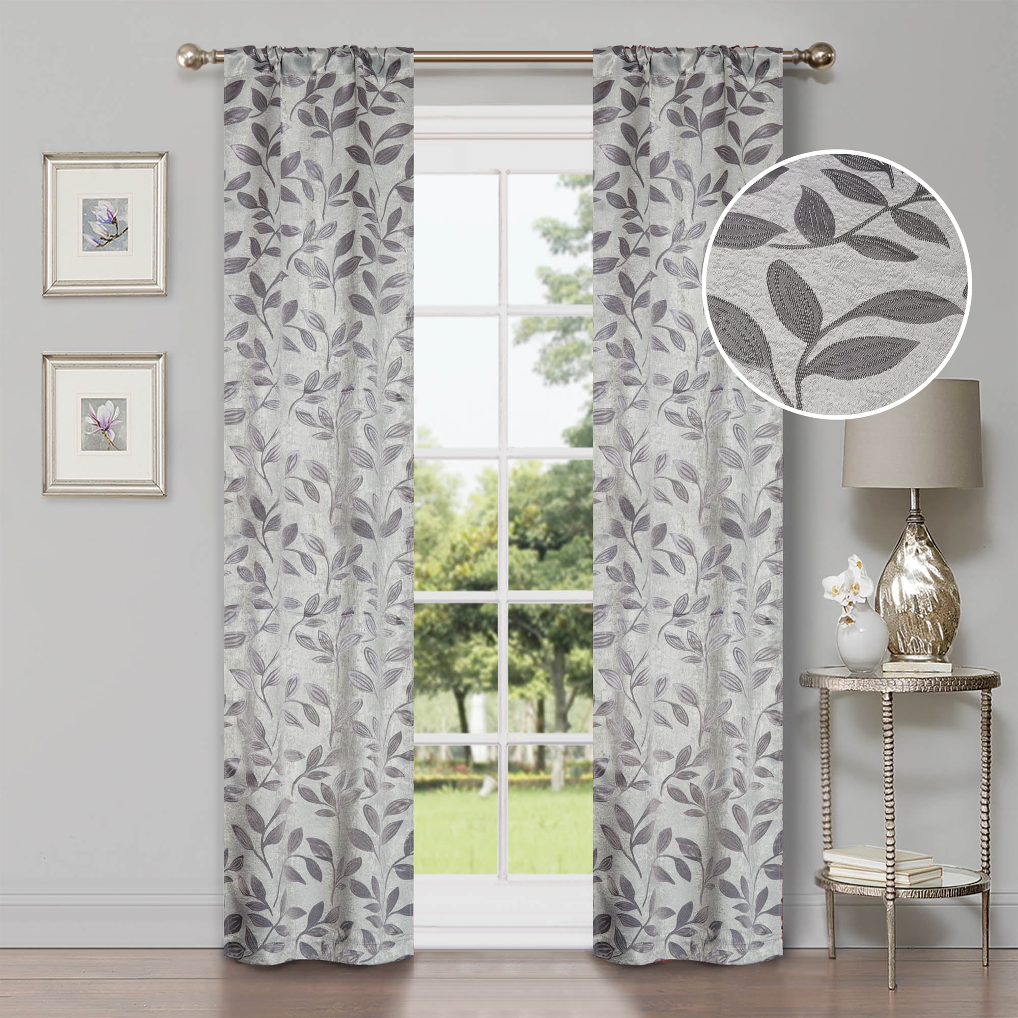 Leaves Patterned Blackout Curtain Panels, 26" x 84", Grey by Blue Nile Mills