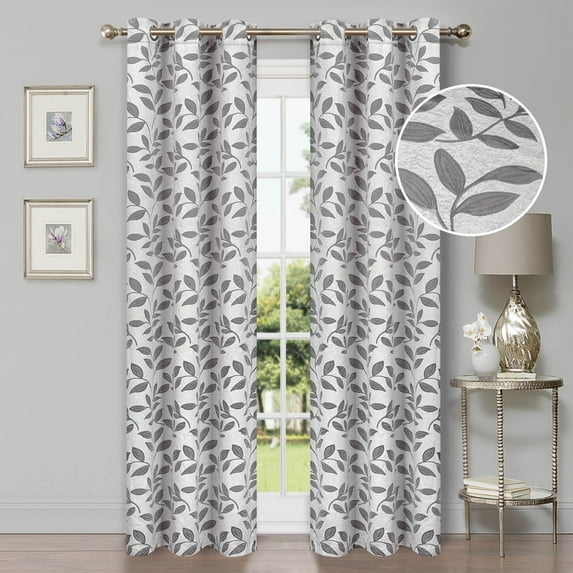 Leaves Patterned Blackout Curtain Panels, 42" x 108", Grey by Blue Nile Mills