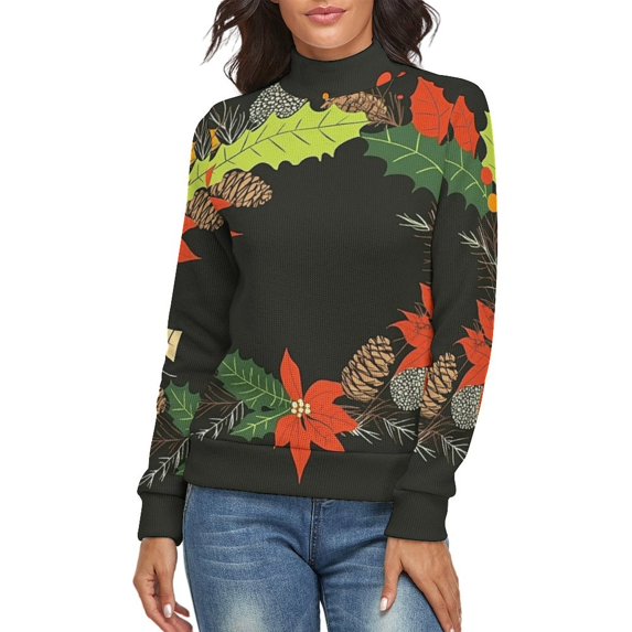Leaves, Pinecone And Poinsettia. Women's Turtleneck Sweater Long Sleeve Ribbed Fitted Turtle Neck Casual Fall Winter Collection Top M